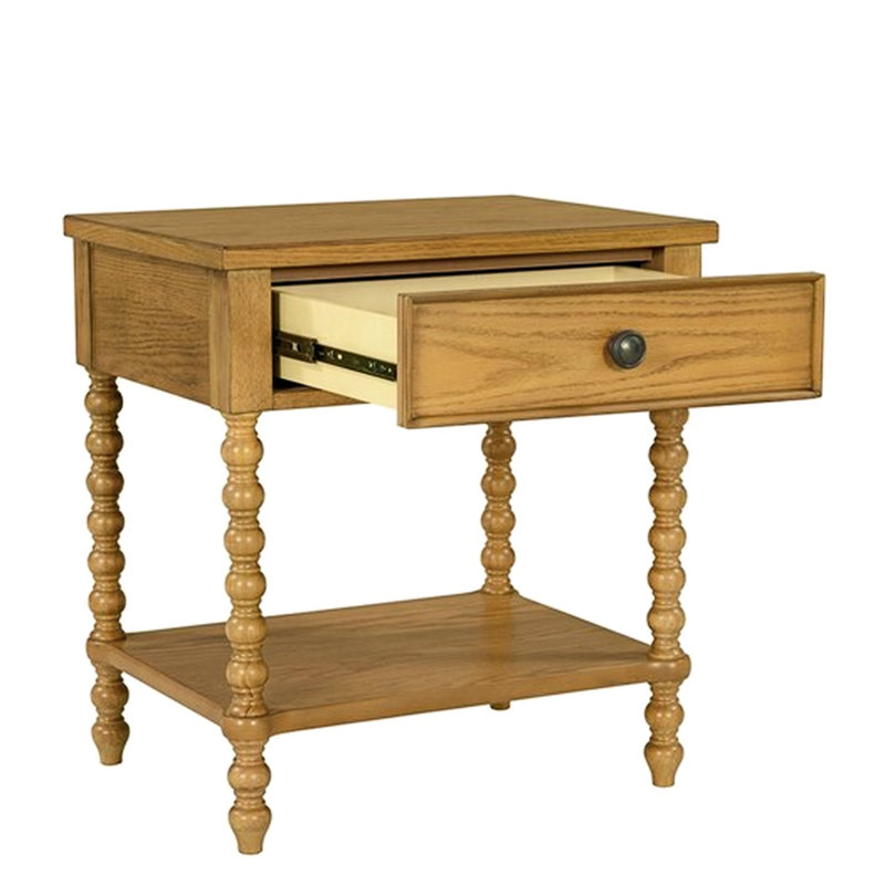 Table de chevet 2 en bois massif, touche traditionnelle, finition chêne brun clair, rails de tiroir en métal, coulisses