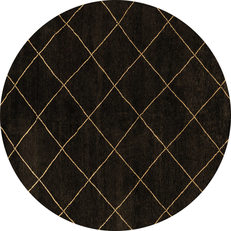 Tapis géométrique en laine / polyester tissé à la machine en noir / beige, Rond 3 pi