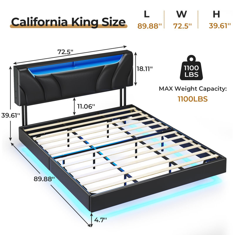 California King Bed Frame With Storage Headboard And Led Lights, California King Floating Bed Frame With Type-c And Usb Ports, Visual Floating Platform Bed, No Box Spring Required, Black