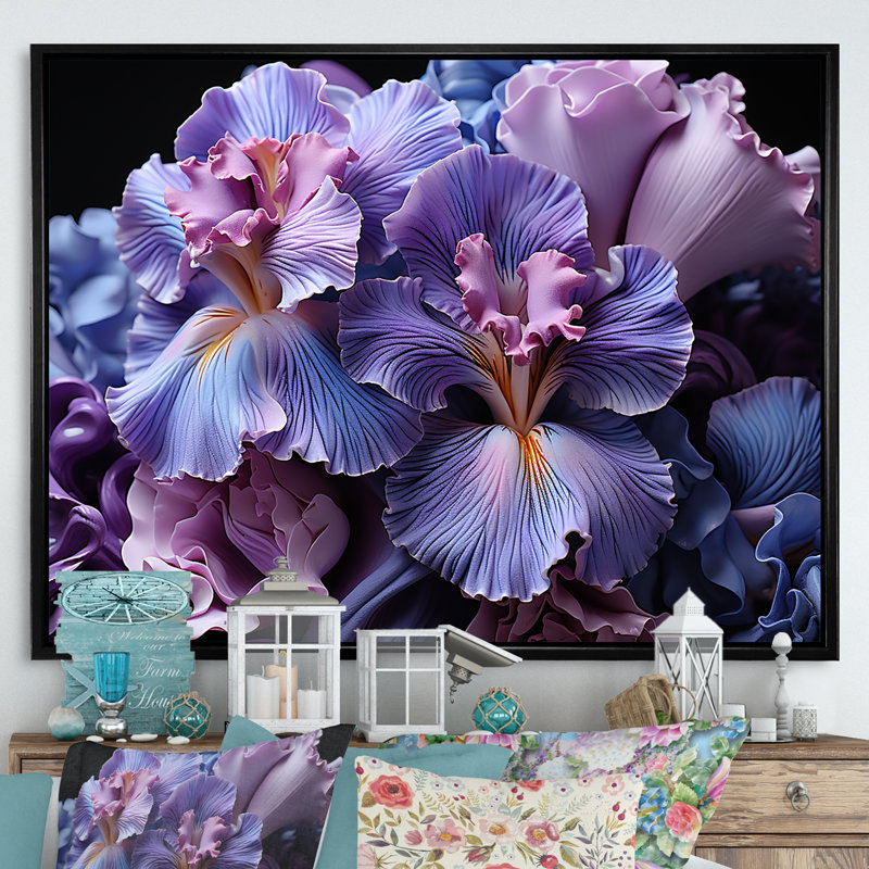 «Midnight Purple Irises Serenity Unveilé I», reproduction sur toile, Cadre flottant noir, H 24 po x l 32 po x P 1 po