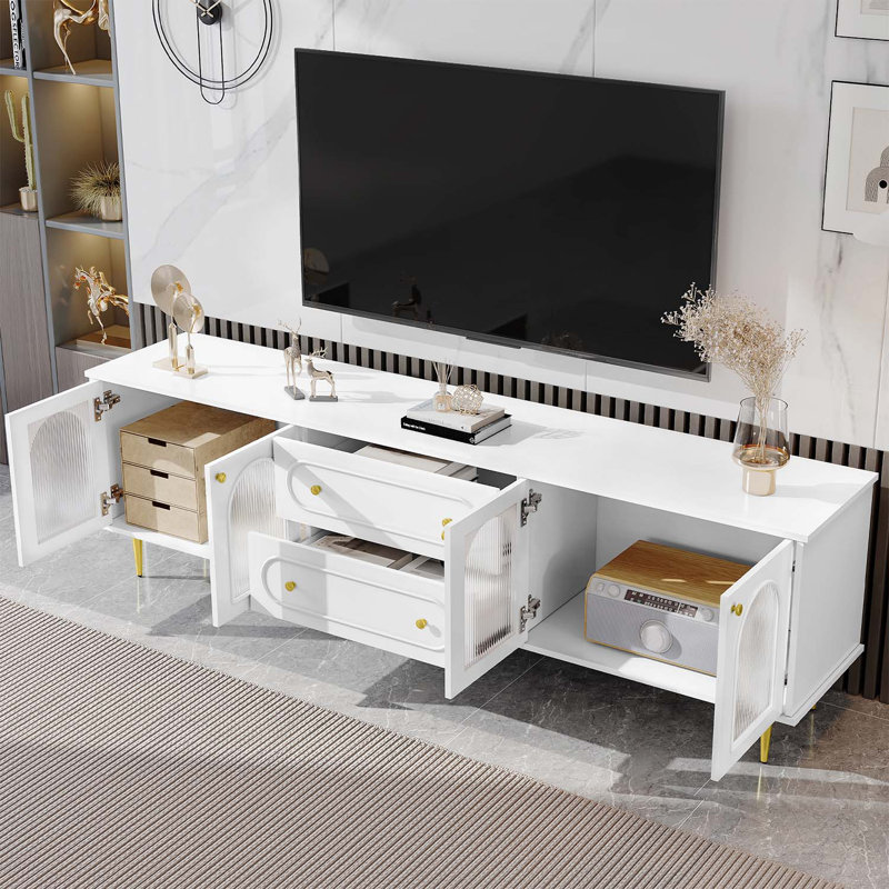 Console Table with Five Metal Legs and Metal Handles, 2 Drawers and 2 Cabinets, White, White/Gold
