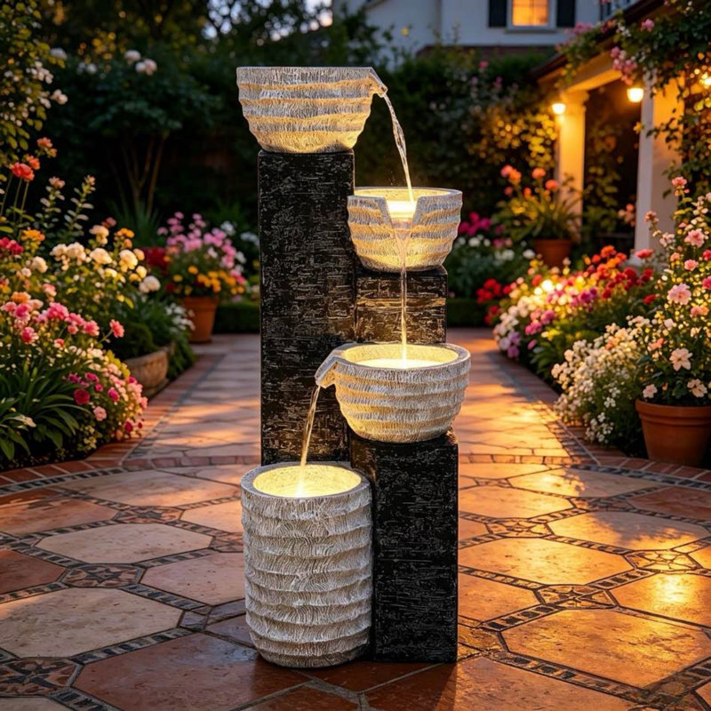 39.8" Multilayer Sand-Textured Water Fountain with LED Lights, Polyresin Cascading Waterfall Decor, Weather-Resistant Outdoor Feature for Garden or Patio