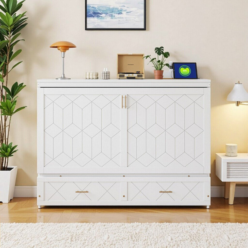 Grand lit escamotable élégant avec tiroirs et ports USB - Mobilier blanc peu encombrant pour les maisons modernes, Blanc