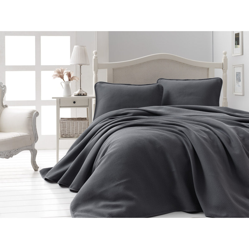 Fjodor Cotton Solid Colour Bedspread with Pillowcases, Anthracite
