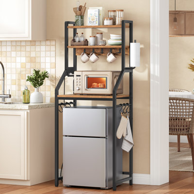 Bakers Rack With Mini Fridge Shelf, 2-in-1 Modular Microwave Stand With Power Outlet, Coffee Bar Organizer For Kitchen, Dining Room