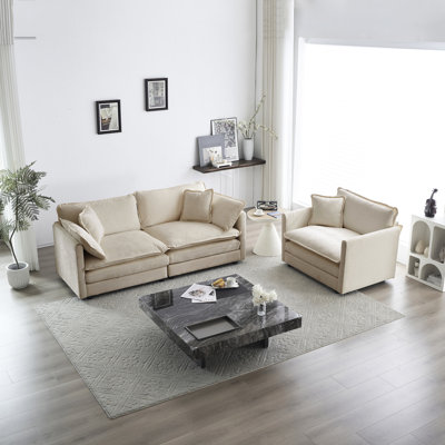 Chaise en chenille et d'appoint beige, collection 2, structure en bois massif, tissu respirant, éponge confortable pour une expérience de repos en chenille 2 pièces, rembourrage doux, décoration de salon idéale