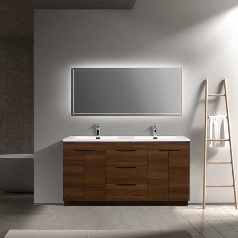 Ensemble de meuble-lavabo autoportant en noyer 60 po avec comptoir en polymère blanc Ashby