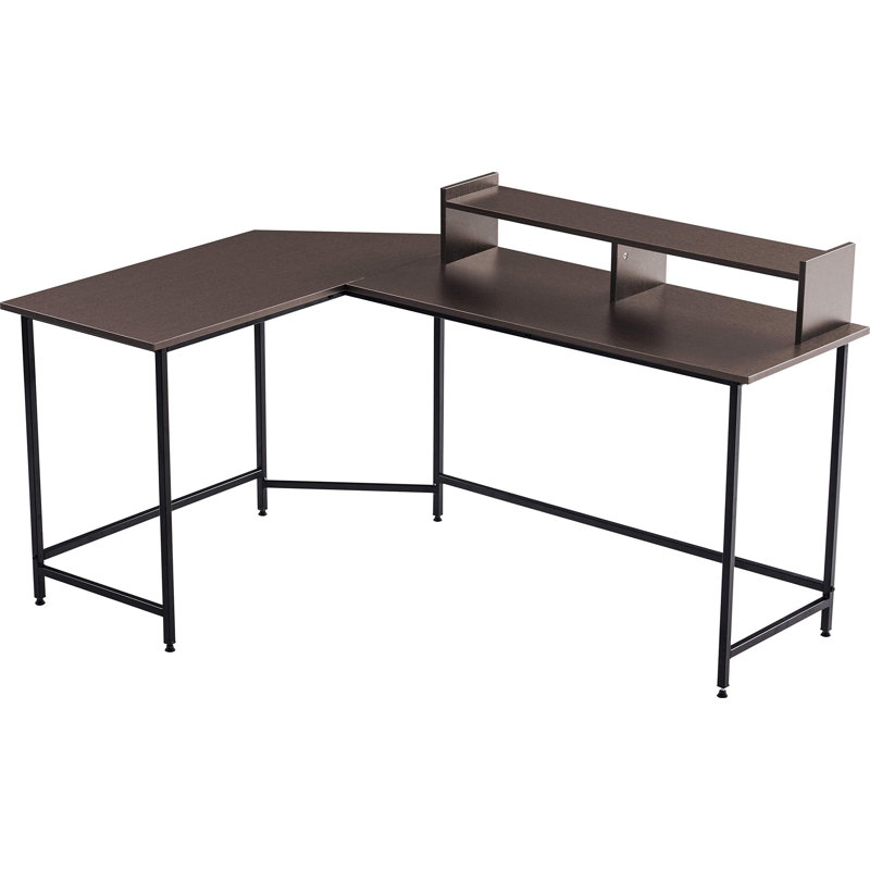 L-Shape Corner Writing Desk with with Monitor Stand, Ebony/Black