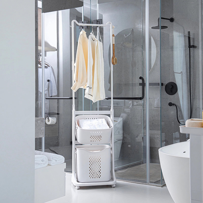 2-Tier Laundry Hamper Sorter With Hanging Bar, Rolling Laundry Baskets With Wheels Removable, Stackable Laundry Cart Organizer And Storage For Small Space, Dorm, Closet, Bathroom
