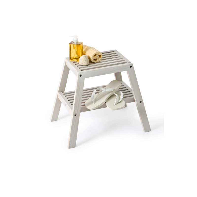 Tabouret à lattes en bois massif Utinity, Blanc huître