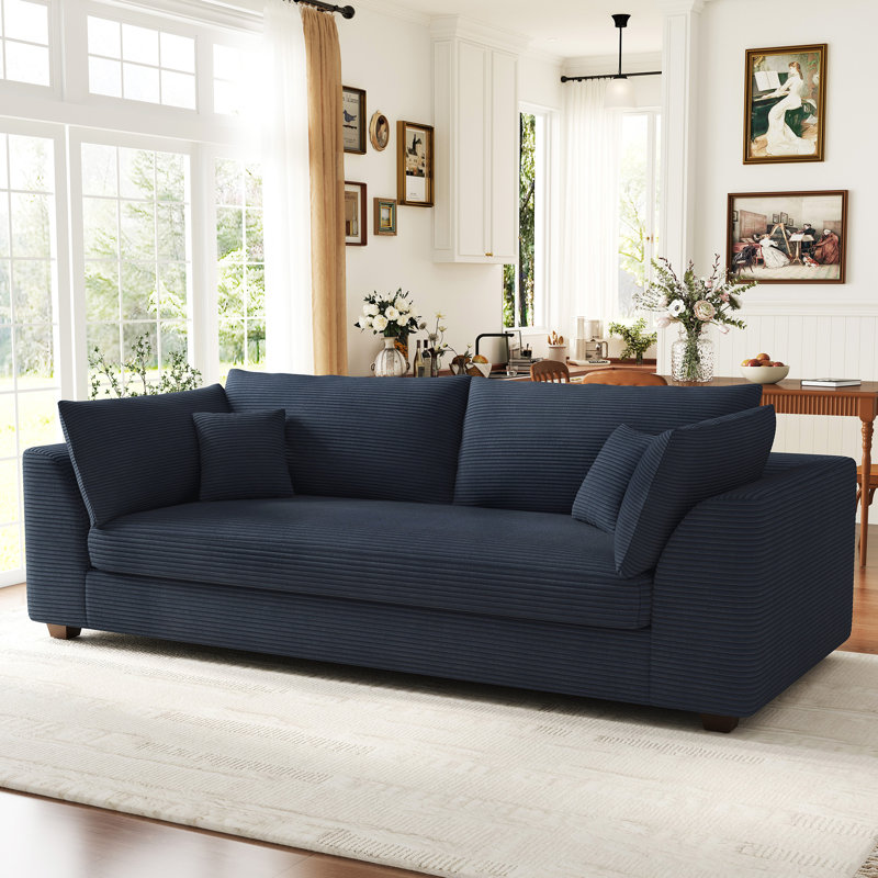 84.6'' W Solid Wood Frame Upholstered Couch with Toss Pillows, Blue Corduroy