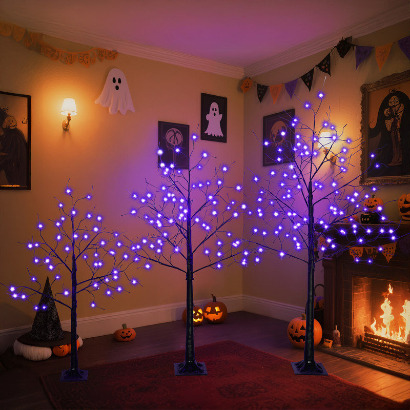 Arbre effrayant 3 lumières d'Halloween avec lumières mauves, 4 pi 5 pi et 6 pi, arbre noir illuminé pour la décoration d'Halloween