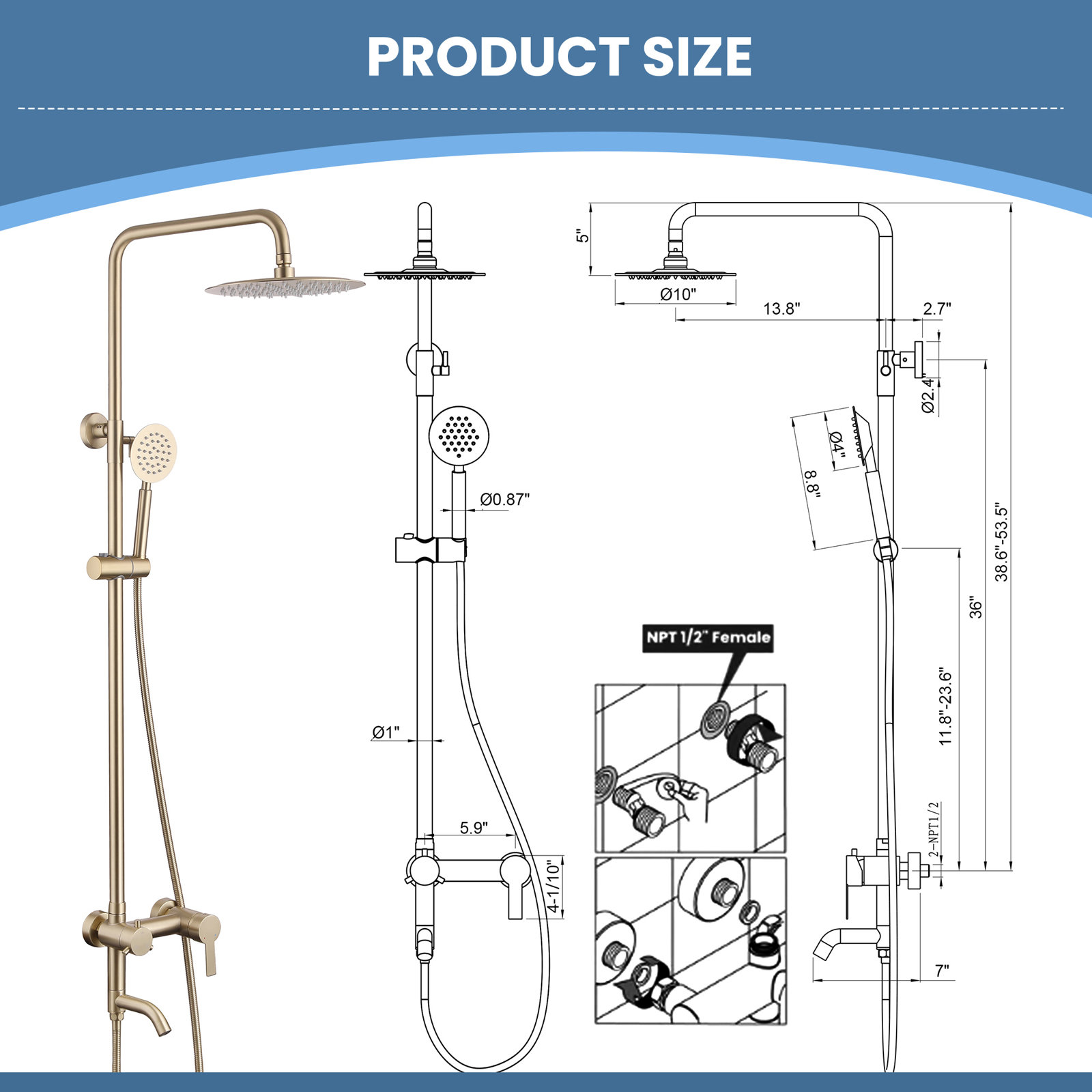 Nexus Triple Function Shower with Handheld, Brushed Gold
