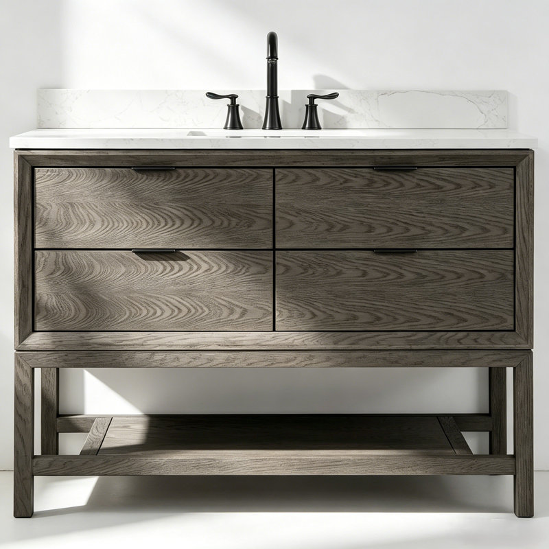 48" Transitional Gray Oak Bathroom Vanity with 1" Engineered Marble Top, Gray Oak