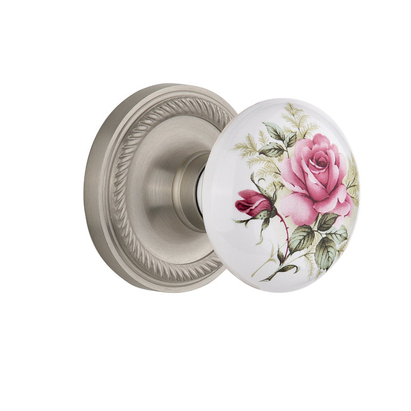 Rope Rosette with White Rose Porcelain Door Knob, Satin Nickel