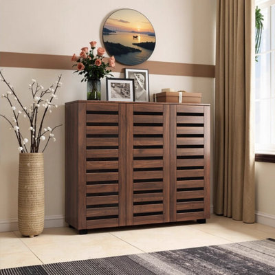 5-Tier Wooden Shoe Storage Cabinet with Adjustable Shelves and Louvered Doors for Multiple Spaces