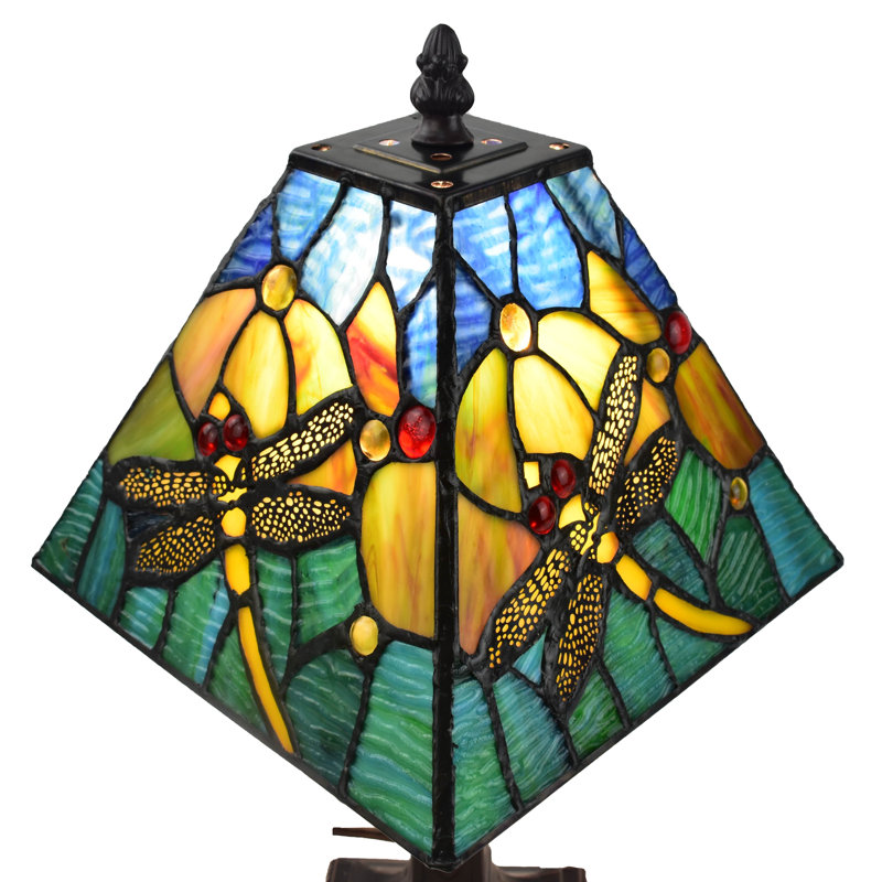 Lampe de table 14,5 style tiffany, Doré / bleu / jaune, Bronze foncé