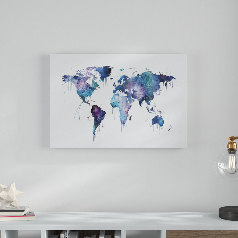 «Watercolor Map of the World Map» par Michael Tompsett, reproduction d'art graphique sur toile, H 22 po x l 32 po x P 2 po