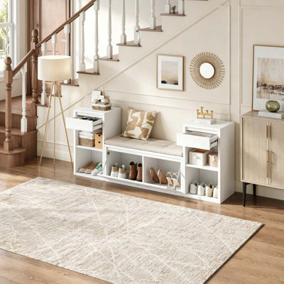 All-in-One Entryway Storage Bench with Cushion, Compartments, Drawers & Open Shelves, Storage Bench