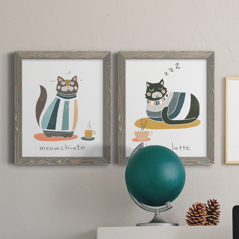 Coffee Cats I - ensemble de 2 reproductions d'art textuel sur toile, H 24 po x l 36 po x P 1,5 po, Toile avec cadre gris