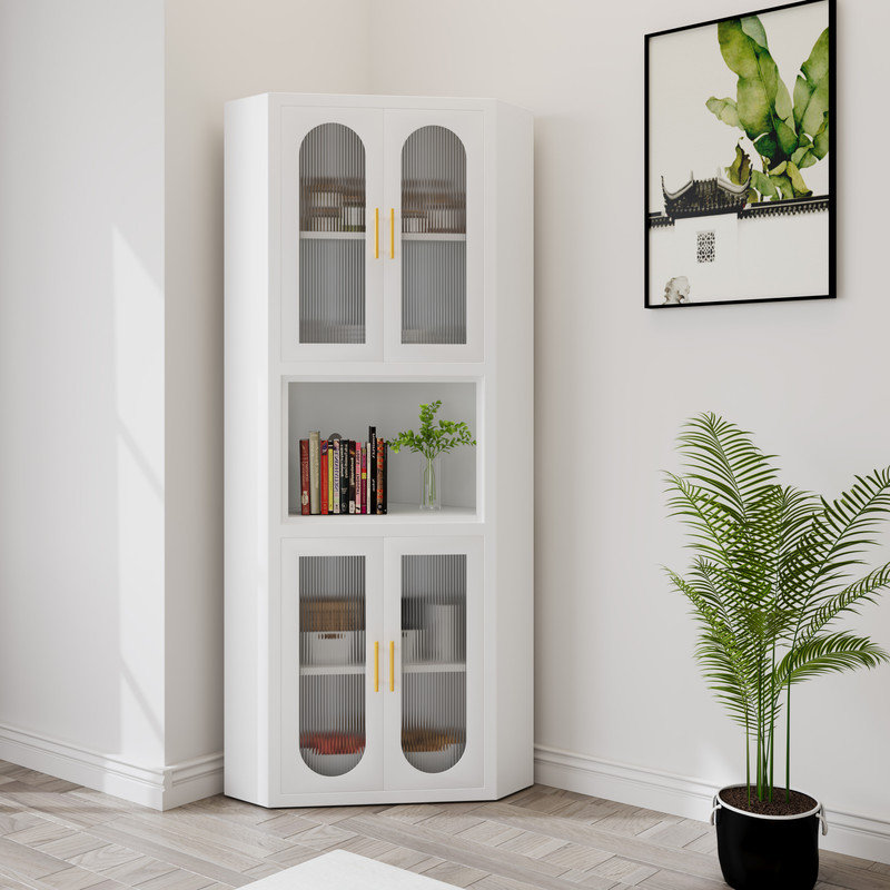 Accent Metal Sturdy Tall Corner Storage Cabinet For Kitchen Home Office, White