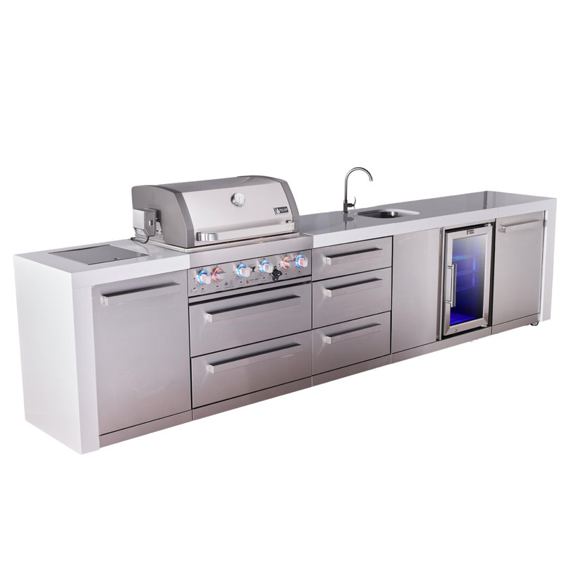 Mont Alpi Premium 4-burner 145" Deluxe Stainless Steel Island Modular Outdoor Kitchen Island Bbq Gas Grill + Beverage Center Faucet & Sink + Refrigerator + Storage Drawers & Cabinets + Rotisserie Kit