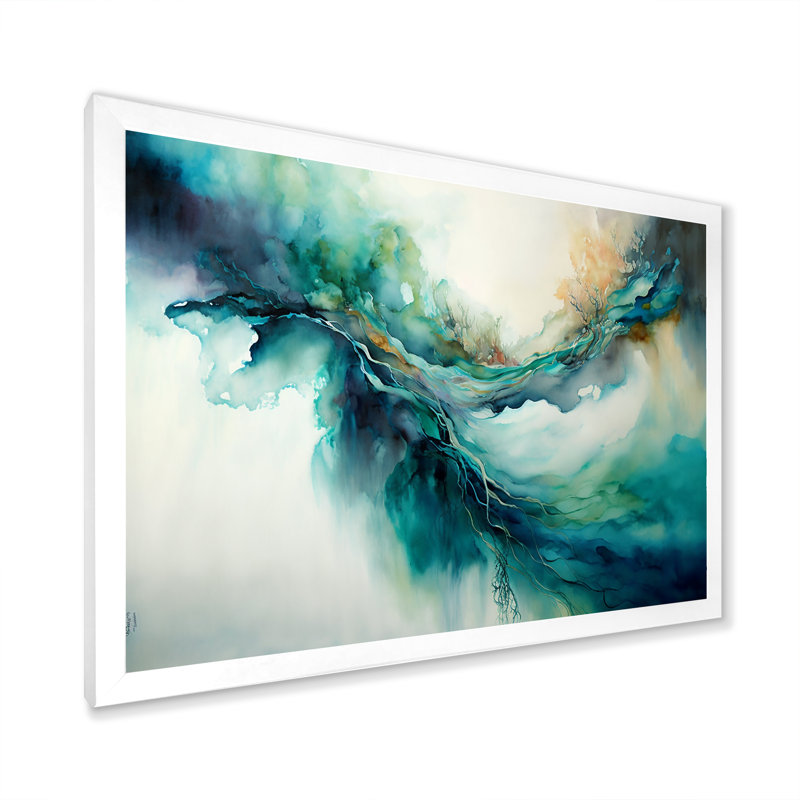 «Turquoise Waves Impressions Of Infinity», peinture abstraite, art mural, H 24 po x l 32 po x P 1 po, Cadre simple blanc