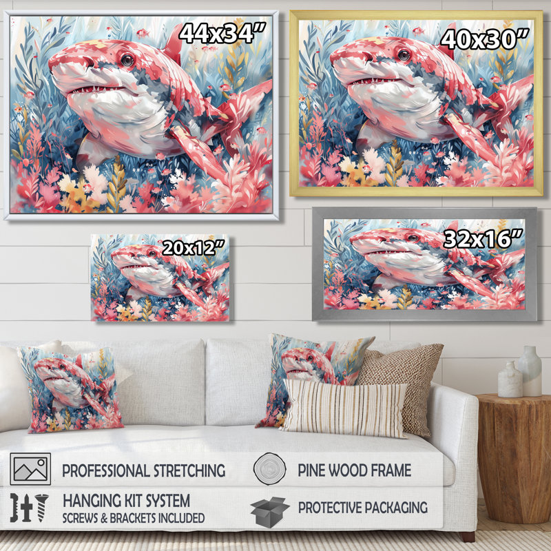 Pink Grey Hunting Shark Watercolor I - Sharkwall Art Wall Art Living Room, Silver Floater Framed, 12'' H x 20'' W