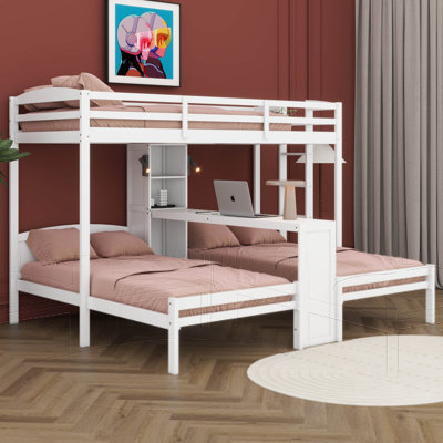 Lit superposé avec bureau intégré et tablettes de rangement, 3 lits superposés en bois de conception triple avec lampe de lecture et garde-corps