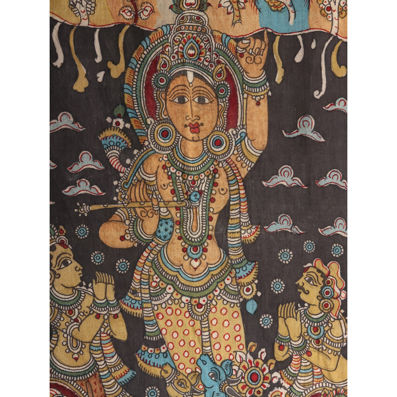 Lord Krishna lève le mont Govardhan sur son petit doigt | Kalamkari, peinture sur coton