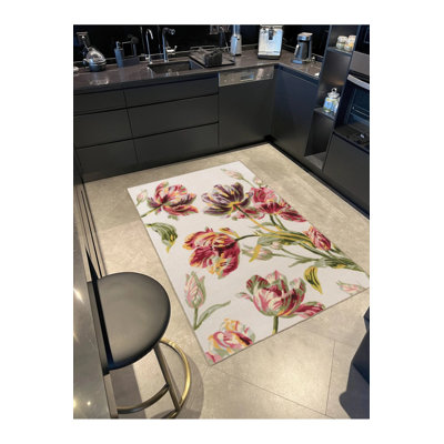 Branched Beige Floral Washable Indoor/Outdoor Area Rug