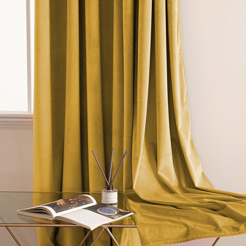 Thermal Velvet Curtains with Eyelet Ring Top - Blackout Crushed Velvet Drapes Pair, 228cm Width x 228cm Drop, Ochre