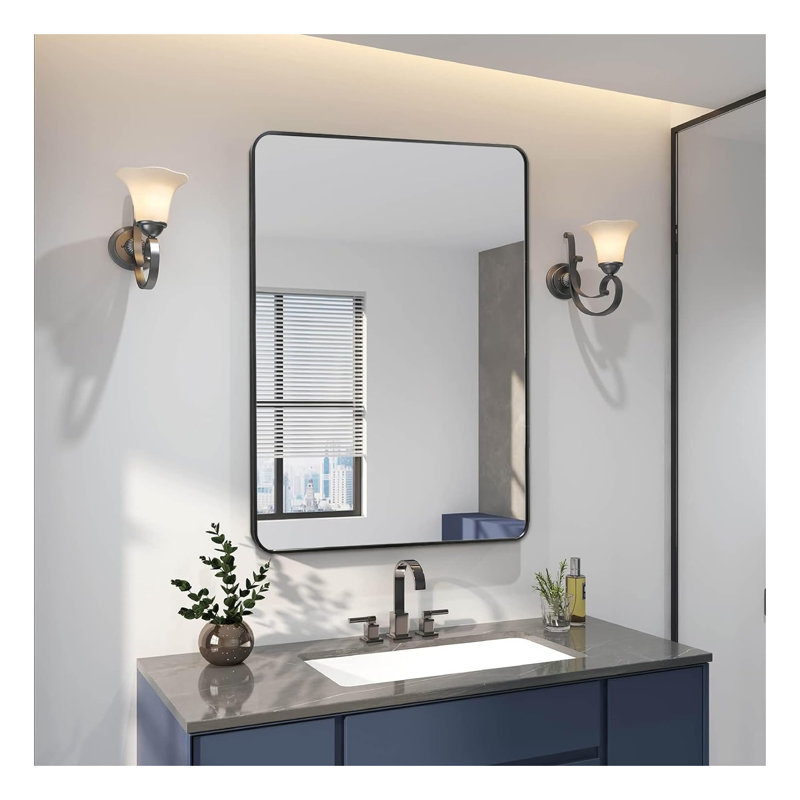 Miroir de salle de bain rectangulaire en métal noir 24 po x 32 po - Miroir mural en aluminium antirouille en verre HD, Noir