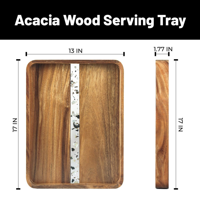 Plateau de service rectangulaire en bois d'acacia avec poignées