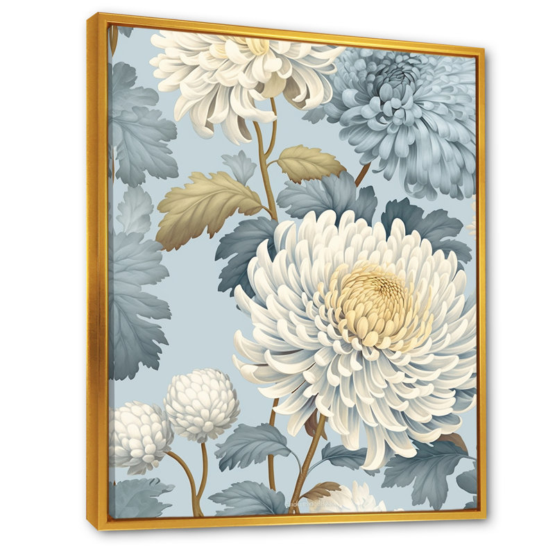 «Blue and White Chrysanthemums Assortment» sur impression sur toile, Cadre flottant doré, H 32 po x l 24 po x P 1 po