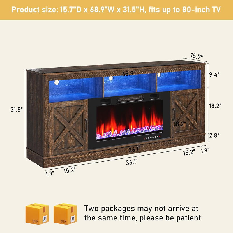 Zev Storage Credenza with Fireplace Included, Brown, 31.5" H x 68.9" W x 15.7" D