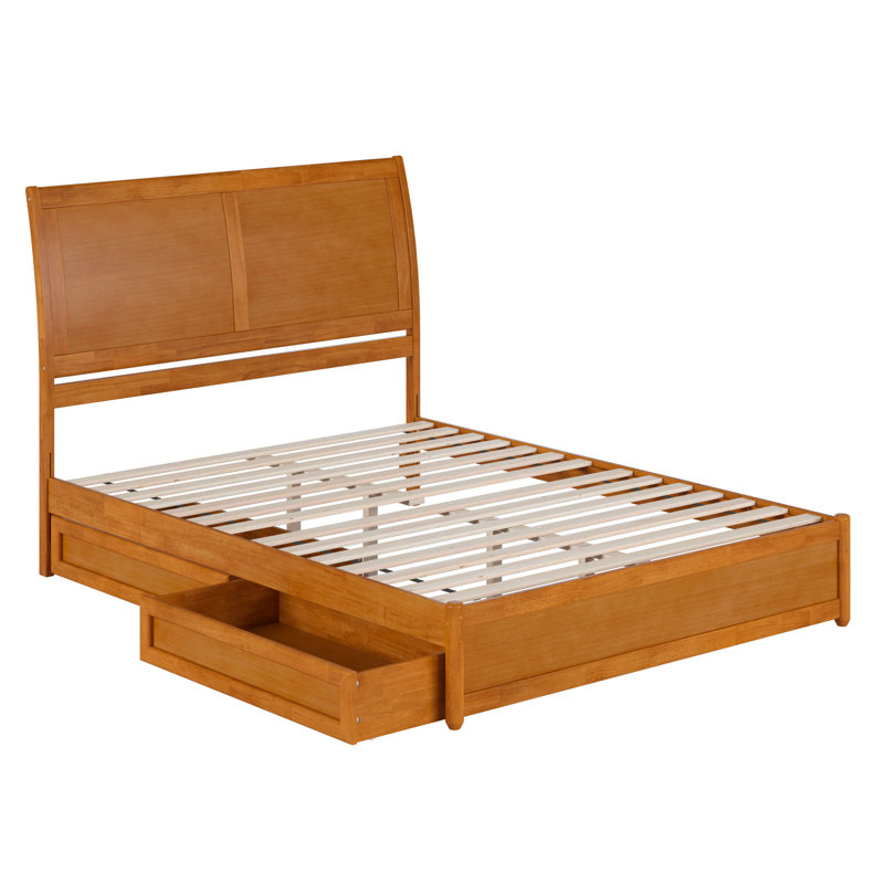 Lit plateforme en bois massif Lamayia avec pied de lit et tiroirs de rangement, Light Toffee, Grand