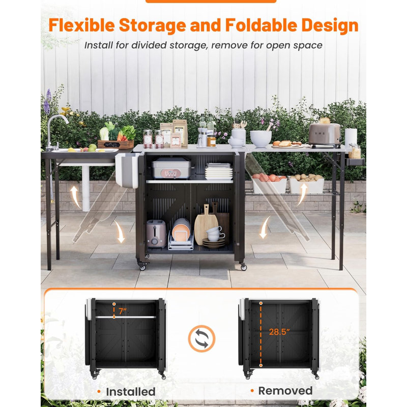 Outdoor Folding Grill Cart Table With Sink Lockable Wheels And Waterproof Cover