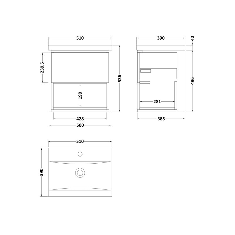 Coast 500mm Single Bathroom Vanity with Integrated Ceramic Basin, Gloss Grey/Anthracite Woodgrain