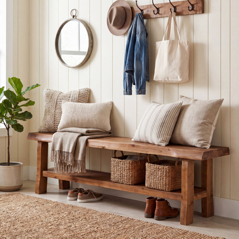 Farmhouse Solid Wood Entryway Shoe Bench, 2-Tier Storage Bench With Lower Storage Shelf For Entrance, Entry Way