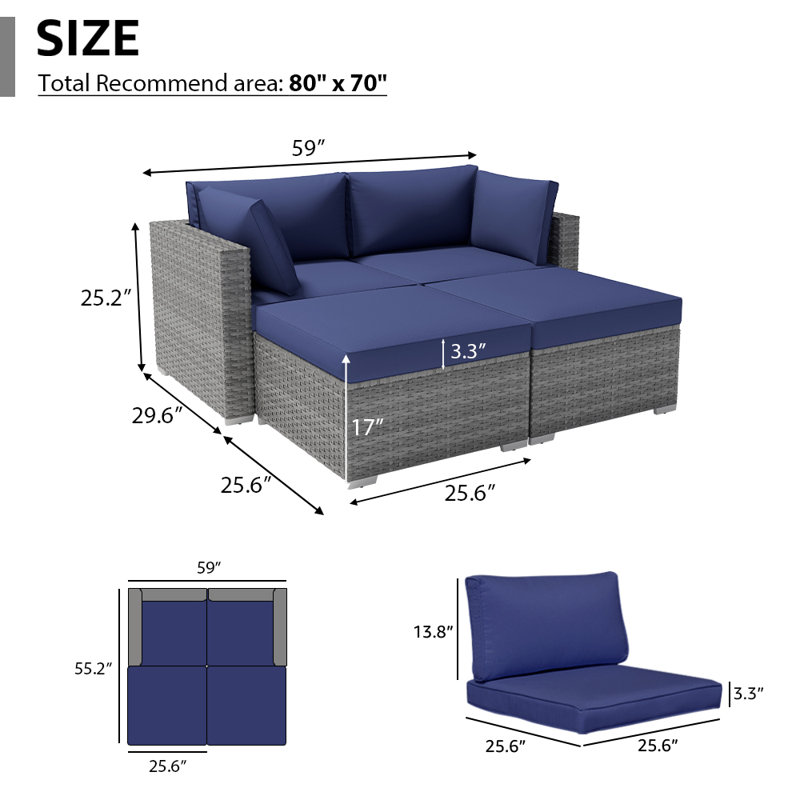 Alishea 4-Piece Rattan Outdoor Sofa with Cushions, Gray Frame/Navy Cushion
