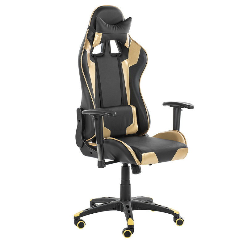 Ebern Designs Levan Adjustable Headrest and Reclining PC & Racing Game Chair, Black/Gold
