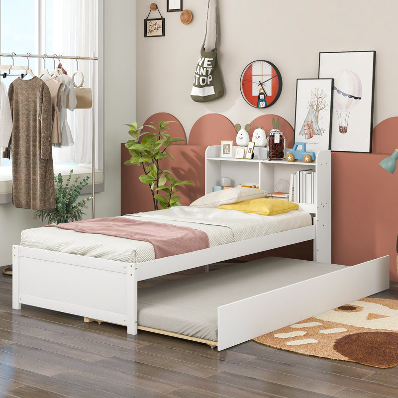 Twin Bed with Trundle and Bookcase Headboard, White