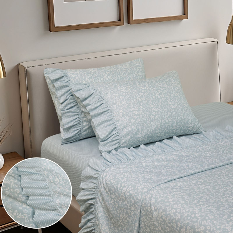 Printed Floral and Polka-Dot Ruffle Sheet Set, Blue, Full