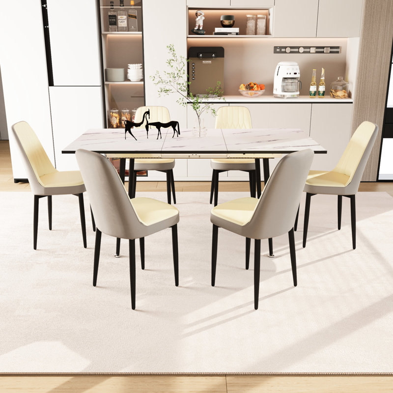 7 tables et chaises de salle à manger avec une fonctionnalité extensible de 2 à 6 sièges modernes: chaises en tissu Pu, pieds en métal noir, installation facile à nettoyer