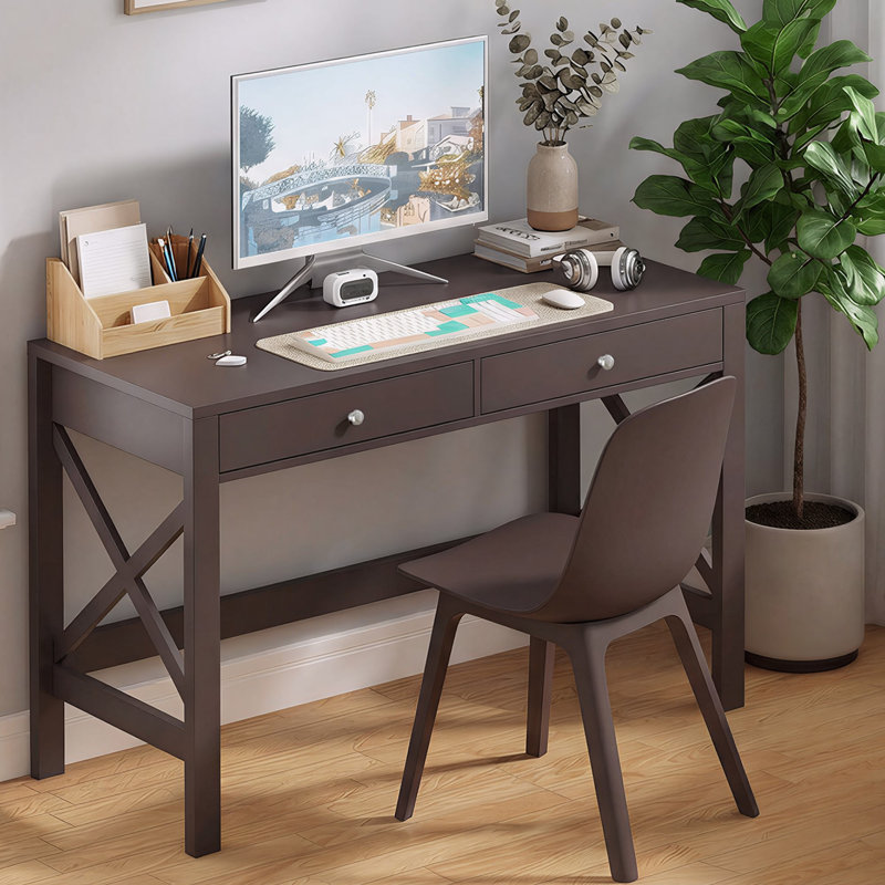 39.4" W Writing Desk with 2 Drawers, Brown