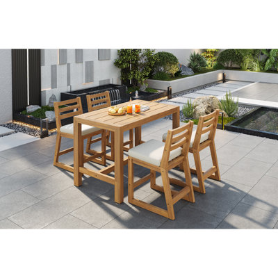 Ensemble de bar de patio rustique 5 pièces TREXM, ensemble de table de patio et chaises avec chaises ergonomiques, plateau de table à lattes en bois massif pour piscine, balcon, cour arrière, porche (teck clair + coussin beige)