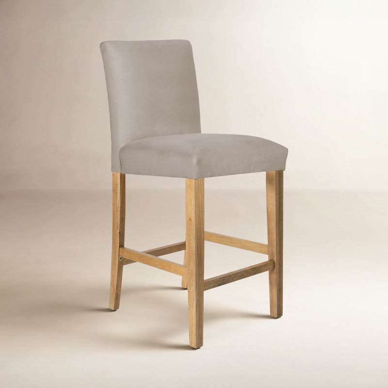 Hadrien Bar & Counter Stool, Bar Stool (31” Seat Height), Natural Wood, Bella Light Gray Performance Velvet