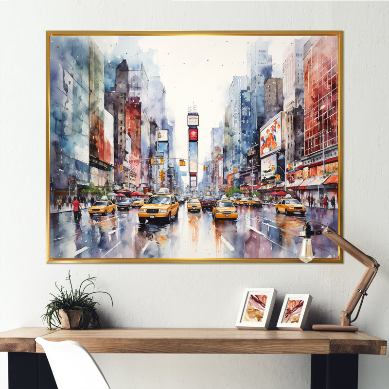 Times Square, paysage urbain de New York I - art mural New York, Cadre flottant doré, H 30 po x l 40 po x P 1,5 po