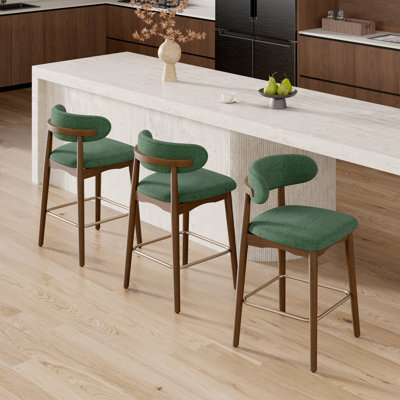 Modern Upholstered Counter Height Bar Stool With Back, Non-swivel, Solid Rubberwood Legs And Bronze Metal Footrest